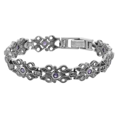 Victorian Style Marcasite  Amethyst Bracelet - 7 1/4 inches - Sterling Silver - B-39-AM