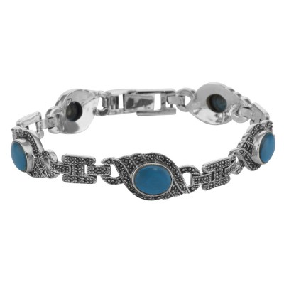 Classic Turquoise and Marcasite Bracelet - Large - Sterling Silver - B-41