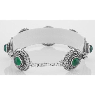 Classic Vintage Style Filigree Green Agate Filigree Bracelet - Sterling Silver - BT-202