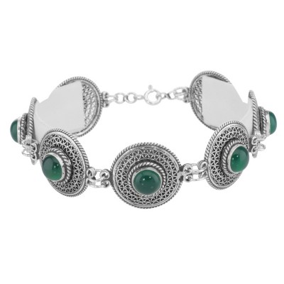 Classic Vintage Style Filigree Green Agate Filigree Bracelet - Sterling Silver - BT-202