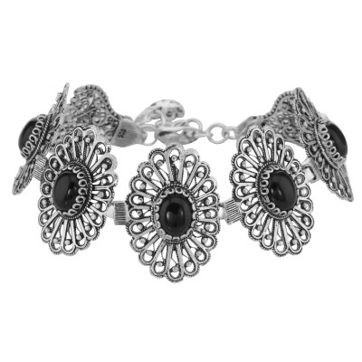 Antique Style Black Onyx Filigree Bracelet - Sterling Silver - BT-349