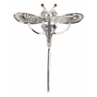 Fine Art Deco Style White Topaz Garnet  Enamel Dragonfly Pin - Sterling Silver - FPN-126-WT