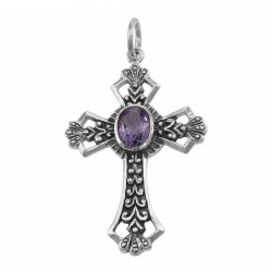 Cross Pendant with Amethyst - Sterling Silver