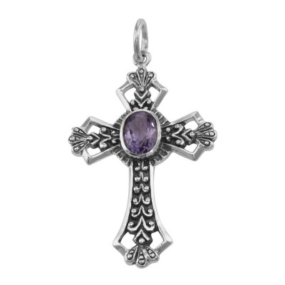 Cross Pendant with Amethyst - Sterling Silver - CR-12211-AM
