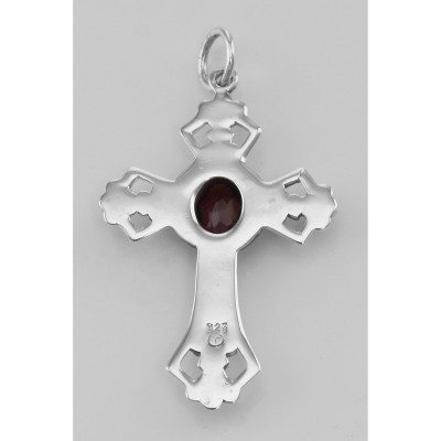 Cross Pendant with Garnet - Sterling Silver - CR-12211-G