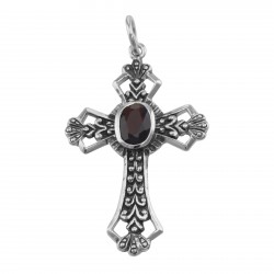 Cross Pendant with Garnet - Sterling Silver