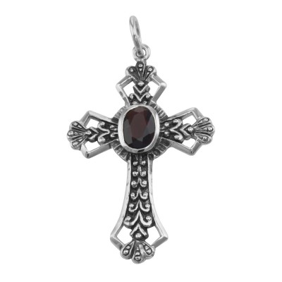 Cross Pendant with Garnet - Sterling Silver - CR-12211-G