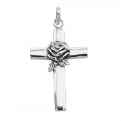 Cross Pendant with Rose Design - Sterling Silver