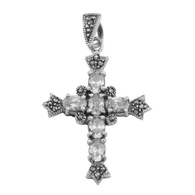 Antique Style Cubic Zirconia / Marcasite Cross Pendant Sterling Silver - CR-31