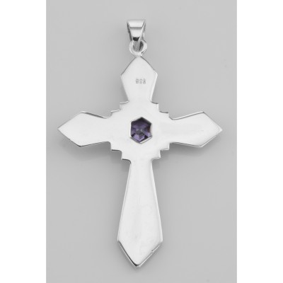 Antique Style Amethyst and Marcasite Cross Pendant - Sterling Silver - CR-54