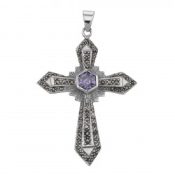 Antique Style Amethyst and Marcasite Cross Pendant - Sterling Silver