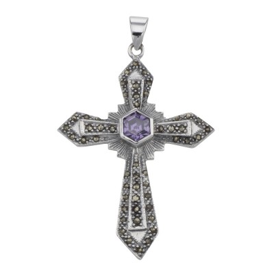 Antique Style Amethyst and Marcasite Cross Pendant - Sterling Silver - CR-54