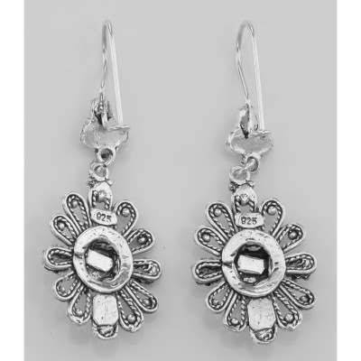 Antique Style Black Onyx Earrings with Flower Design - Sterling Silver - ET-031