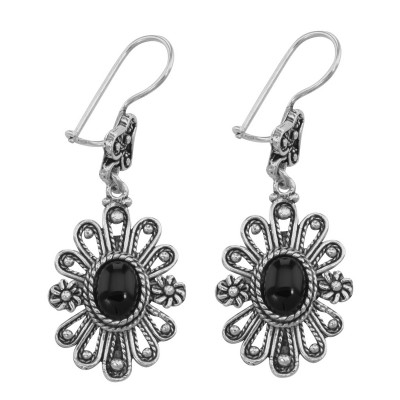 Antique Style Black Onyx Earrings with Flower Design - Sterling Silver - ET-031