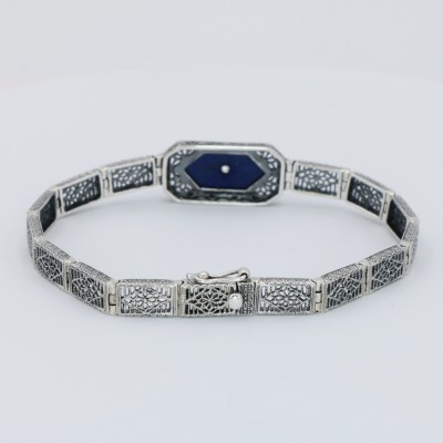 Blue Lapis Lazuli Victorian Style Filigree Bracelet with Natural Diamond Accent 7 1/4 Sterling Silver - FB-101-L