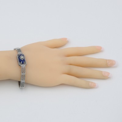 Blue Lapis Lazuli Victorian Style Filigree Bracelet with Natural Diamond Accent 7 1/4 Sterling Silver - FB-101-L