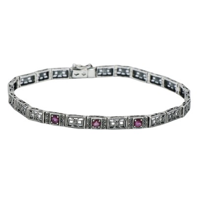 Victorian Style 3 Stone Natural Red Ruby Filigree Bracelet in Fine Sterling Silver - FB-20-R