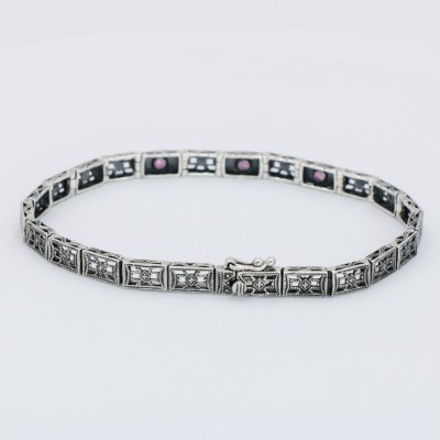 Victorian Style 3 Stone Natural Red Ruby Filigree Bracelet in Fine Sterling Silver - FB-20-R