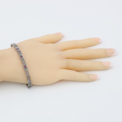 Victorian Style 3 Stone Natural Red Ruby Filigree Bracelet in Fine Sterling Silver - FB-20-R
