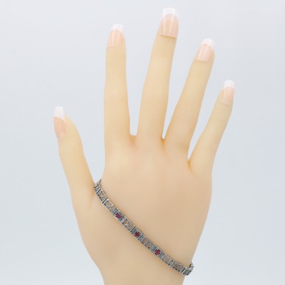 Victorian Style 3 Stone Natural Red Ruby Filigree Bracelet in Fine Sterling Silver - FB-20-R