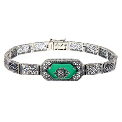 Victorian Style Filigree Bracelet w/ Green Onyx & Diamond 7 1/4 Sterling Silver - FB-101-GR