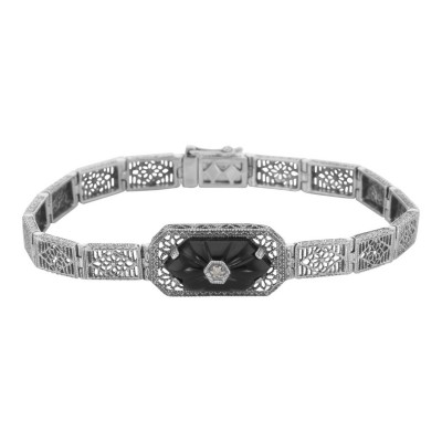 Victorian Style Filigree Bracelet w/ Black Onyx  Diamond 7 1/4 Sterling Silver - FB-101-O