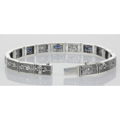 Victorian Style Floral Blue Sapphire Filigree Link Bracelet Sterling Silver - FB-11-S