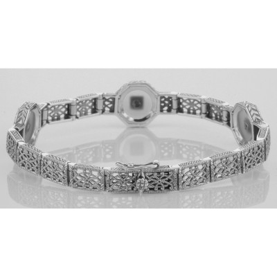 Art Deco Style Camphor Glass Crystal / CZ Filigree Bracelet - Sterling Silver - FB-124-CR