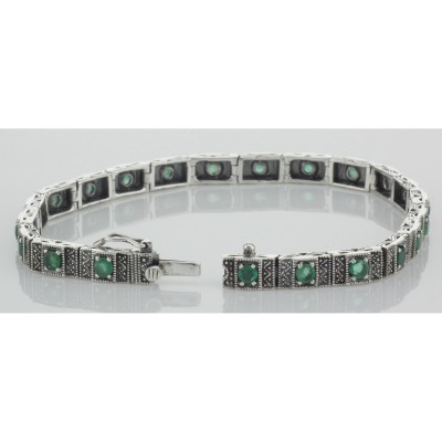 Beautiful Victorian Style Natural Emerald Filigree Link Bracelet Sterling Silver - FB-136-EM