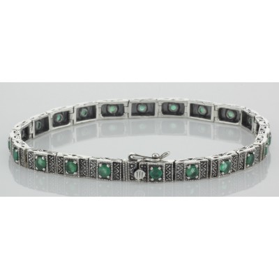Beautiful Victorian Style Natural Emerald Filigree Link Bracelet Sterling Silver - FB-136-EM