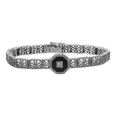 Art Deco Style Black Onyx and White Topaz Filigree Link Bracelet Sterling Silver - FB-142-O