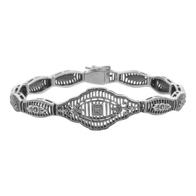 Victorian Style Filigree Bracelet w/ Diamond in Fine Sterling Silver - FB-148-D