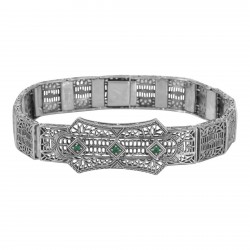 Art Deco Style Filigree Bracelet with 3 Natural Green Emeralds - Sterling Silver Art Deco Style Filigree Bracelet with 3 Natural Green Emeralds - Sterling Silver