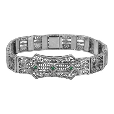 Art Deco Style Filigree Bracelet with 3 Natural Green Emeralds - Sterling Silver - FB-153-E