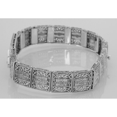 Art Deco Style Filigree Bracelet with 3 Natural Blue Sapphires - Sterling Silver - FB-153-S