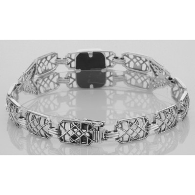 Art Deco Style Black Onyx Link Bracelet - Sterling Silver - FB-156-O
