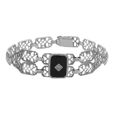 Art Deco Style Black Onyx Link Bracelet - Sterling Silver - FB-156-O