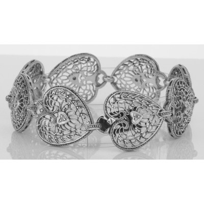 Victorian Style Filigree Diamond Heart Bracelet in fine Sterling Silver - FB-19-D