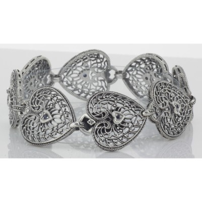 Victorian Style Filigree Heart Bracelet w/ Blue Sapphire in fine Sterling Silver - FB-19-S