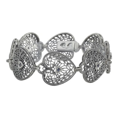 Victorian Style Filigree Heart Bracelet w/ Blue Sapphire in fine Sterling Silver - FB-19-S