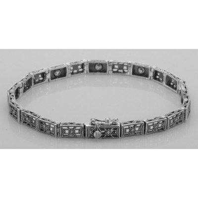 Victorian Style 3 Stone White Topaz Filigree Bracelet in Fine Sterling Silver - FB-20-WT