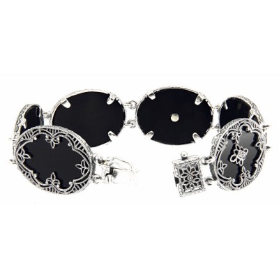 Victorian Style Black Onyx Diamond Filigree Bracelet - Sterling Silver - FB-22-O