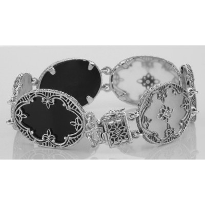 Victorian Style Onyx  Camphor Glass Diamond Filigree Bracelet - Sterling Silver - FB-22-O-CR