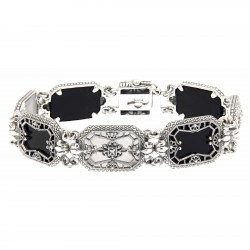 Filigree Bracelet Black Onyx and Frosted Camphor Glass Diamond Sterling Silver
