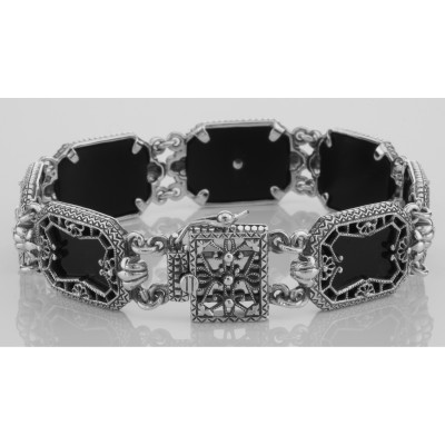 Victorian Style Black Onyx  Diamond Filigree Bracelet - Sterling Silver - FB-27-O