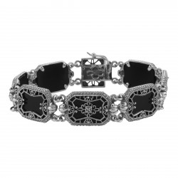 Victorian Style Black Onyx  Diamond Filigree Bracelet - Sterling Silver