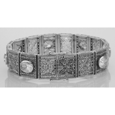 Beautiful Art Deco Style CZ Filigree Link Bracelet - Sterling Silver - FB-306-CZ