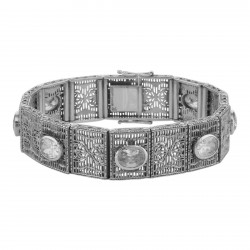 Beautiful Art Deco Style CZ Filigree Link Bracelet - Sterling Silver