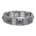 Beautiful Art Deco Style Syn. Blue Sapphire Filigree Bracelet - Sterling Silver