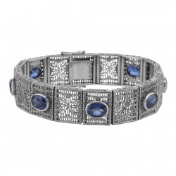 Beautiful Art Deco Style Syn. Blue Sapphire Filigree Bracelet - Sterling Silver